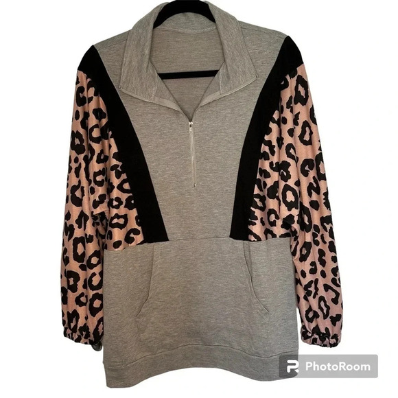 Leopard Gray & Black Quarter Zip Pullover with Pockets Relaxed Fit Size Large - Picture 3 of 11
